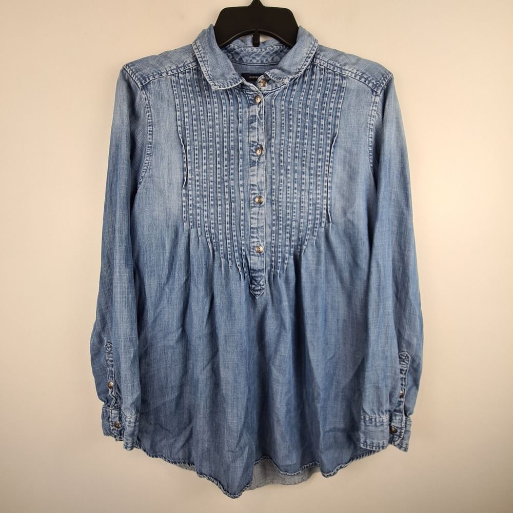 American Eagle Jegging Fit Tunic Shirt Womens Medium Blue Lyocell Pintuck‎ Pleat